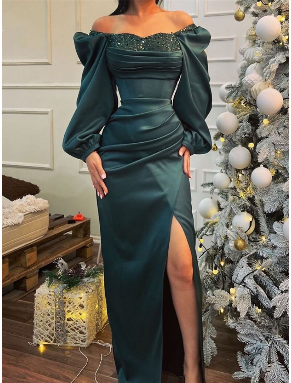 Sheath / Column Green Christmas Satin Evening Gown Elegant Dress Formal Sweep / Brush Train Long Sleeve Off Shoulder with Ruched Sequin Slit 2025